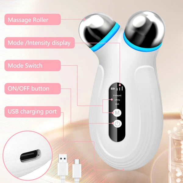Appareil de beauté micro-courant EMS avec rouleau de massage et affichage des modes d'intensité.