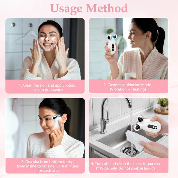 Appareil de beauté micro-courant EMS montrant les étapes d'utilisation pour revitaliser la peau.