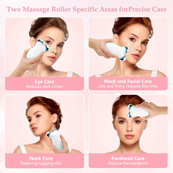 Appareil de beauté micro-courant EMS avec rouleaux de massage pour soins ciblés du visage et du cou.